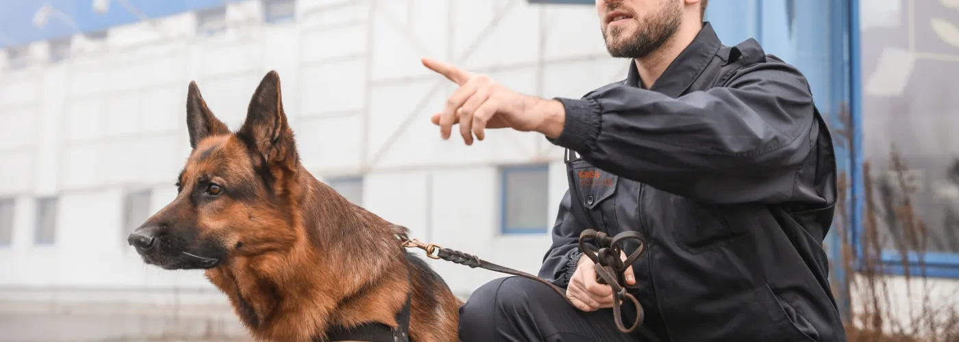 Un agent de sécurité cynophile en mission avec son chien de surveillance, prêt à intervenir pour assurer la protection d’un site sensible.