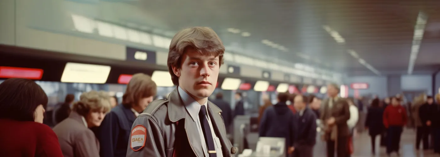 "Un agent de sécurité en uniforme surveillant une zone d'enregistrement dans un aéroport, illustrant l'importance de la sûreté et du contrôle dans les espaces à forte affluence.