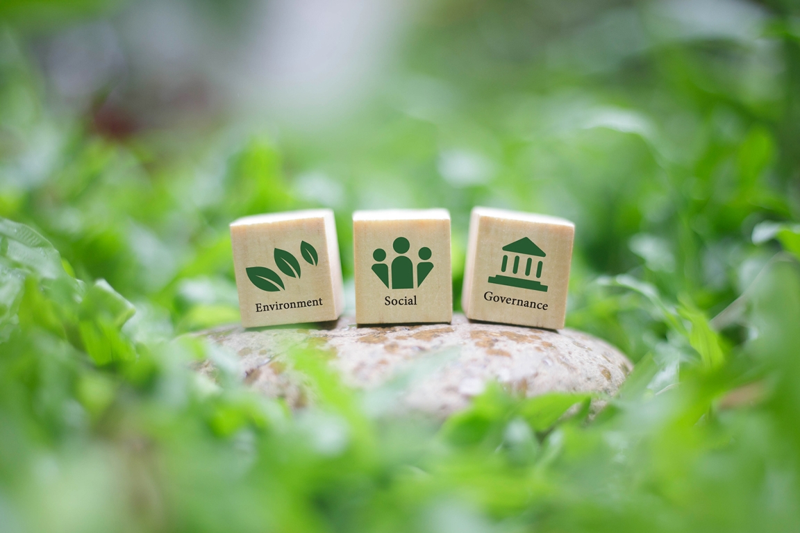 Trois cubes en bois posés sur une pierre, illustrant les principes de l'ESG (Environnement, Social, Gouvernance). Chaque cube porte une icône symbolisant respectivement l’écologie avec des feuilles, la responsabilité sociale avec des figures humaines, et la gouvernance avec un bâtiment institutionnel. L’arrière-plan naturel avec des feuilles vertes renforce l’engagement en faveur du développement durable.